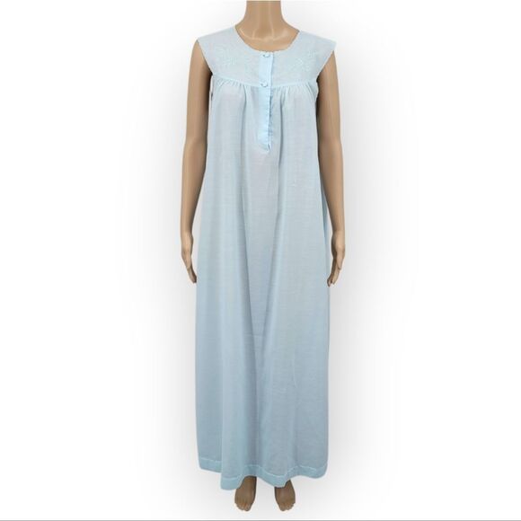 Lily Vintage Light Blue Embroidered Eyelet Yoke Women's Maxi Length Nightgown - Picture 1 of 10